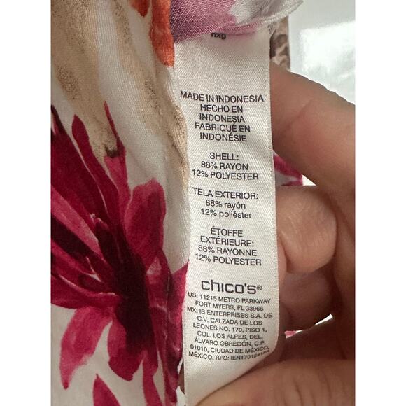 Chico's Womens Pink Floral Collared Button Up Roll Tab Sleeve Size 1 US M Bright - Picture 5 of 6